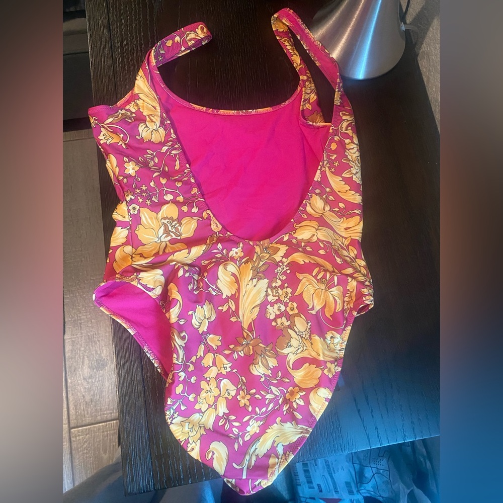 Versace Pink and Gold Floral One-Piece Swimsuit